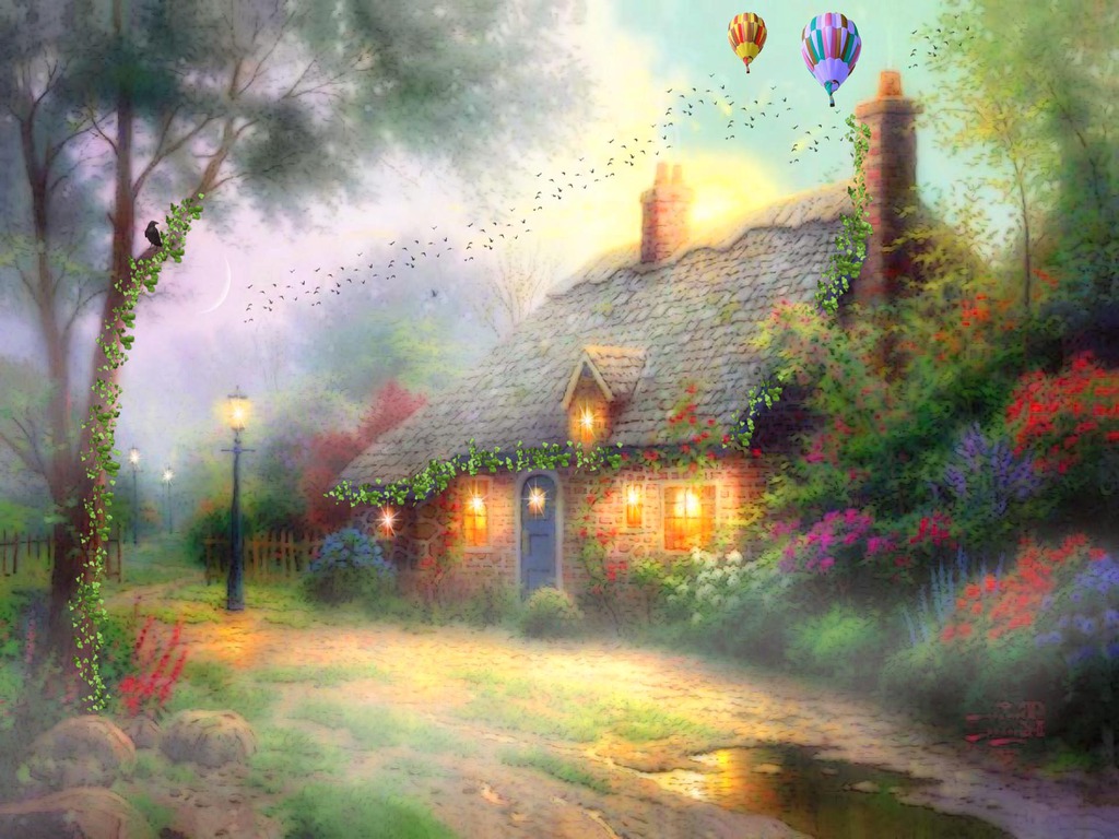 Wallpaper Photo Art Little Spring Cottage Painting