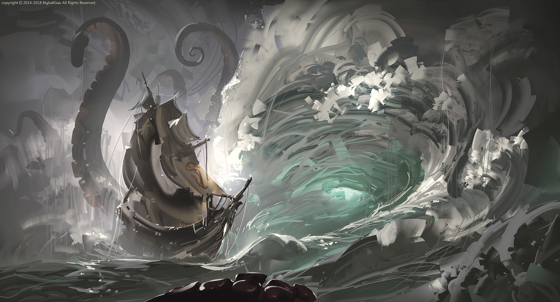 Wallpaper Digital Art Artwork Kraken Sea Ship Waves Storm
