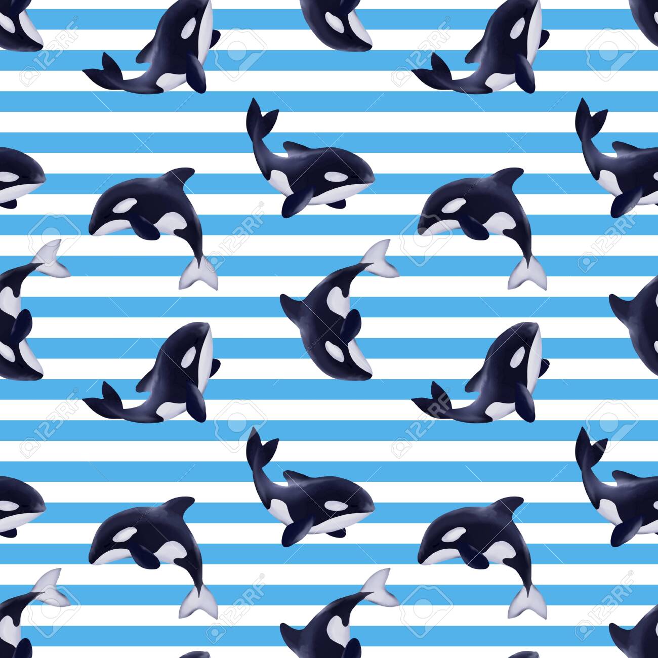 Seamless Pattern Of Killer Whales Background With Cartoon Orcas