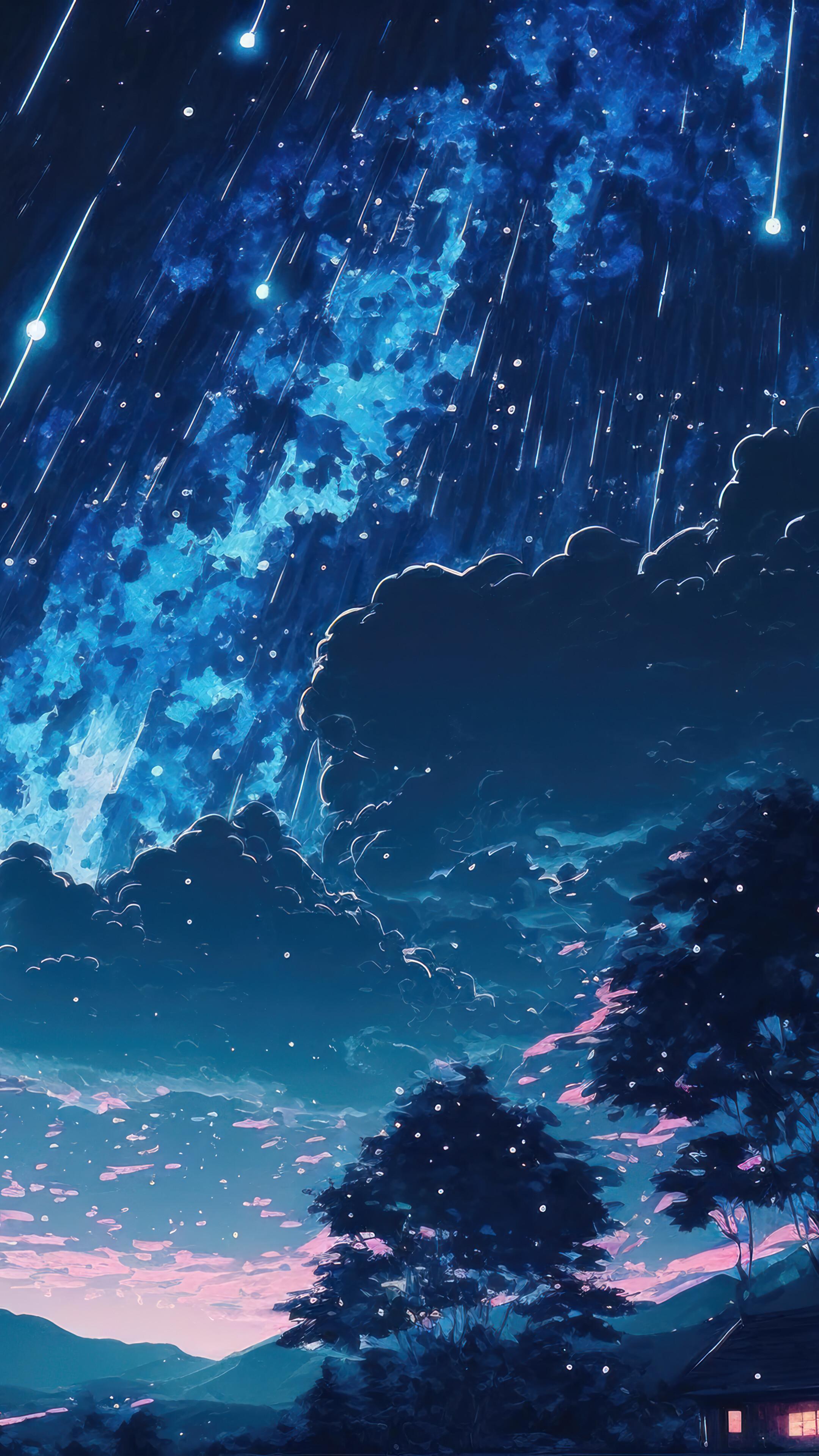 Night Sky Stars Clouds Scenery Landscape Anime 4K Wallpaper iPhone