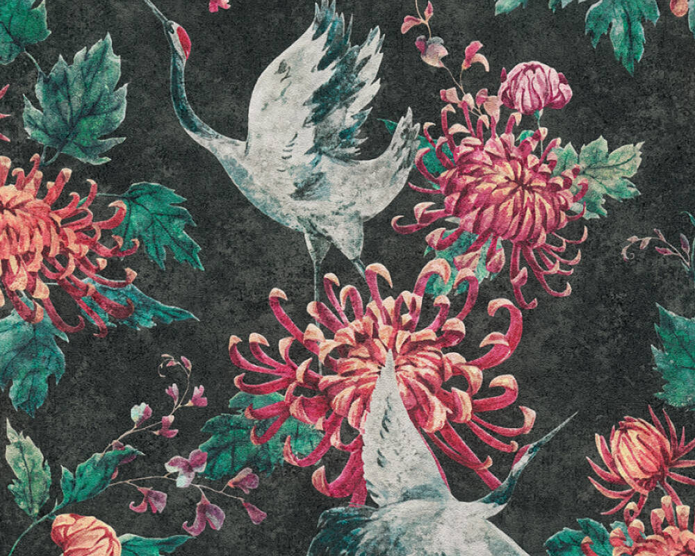 AS Cration Wallpaper Floral Black Green Grey Red 374643