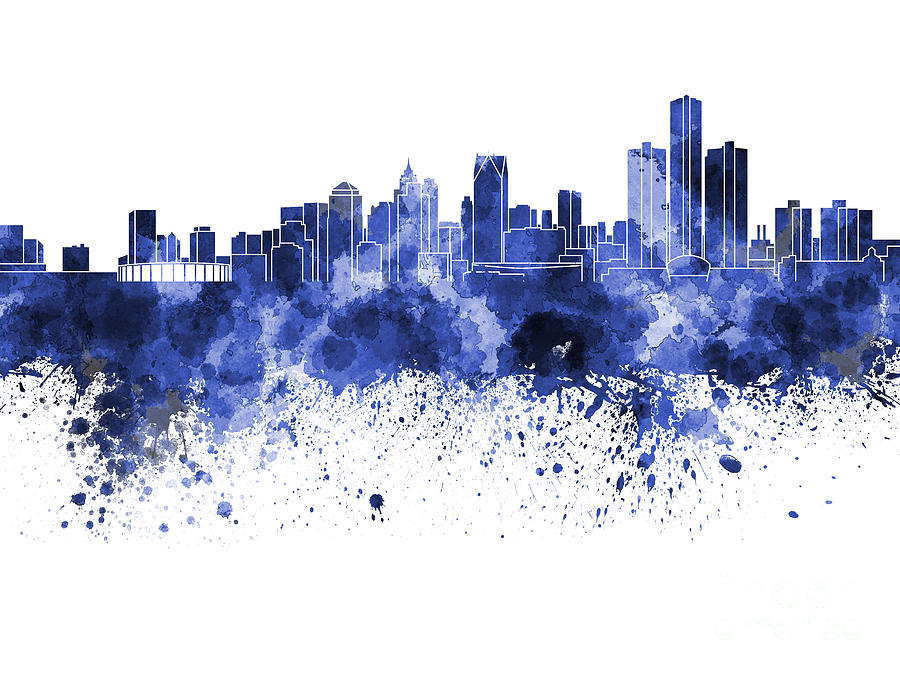 Detroit Skyline In Blue Watercolor On White Background By Pablo Romero