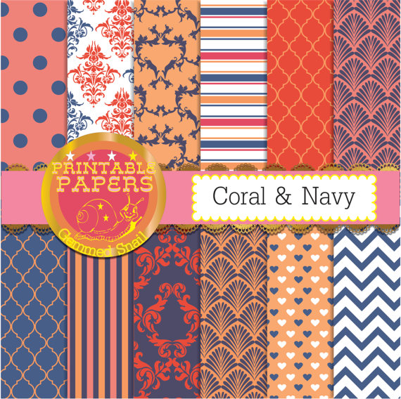 Coral and navy digital paper coral navy digital paper in coral