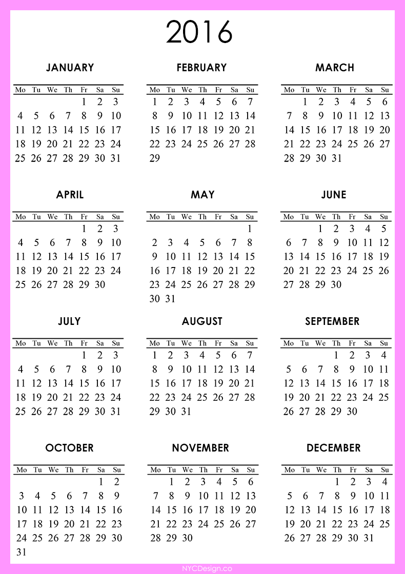  NY 2016 Calendar Printable   Free   Pink Fuschia Purple White