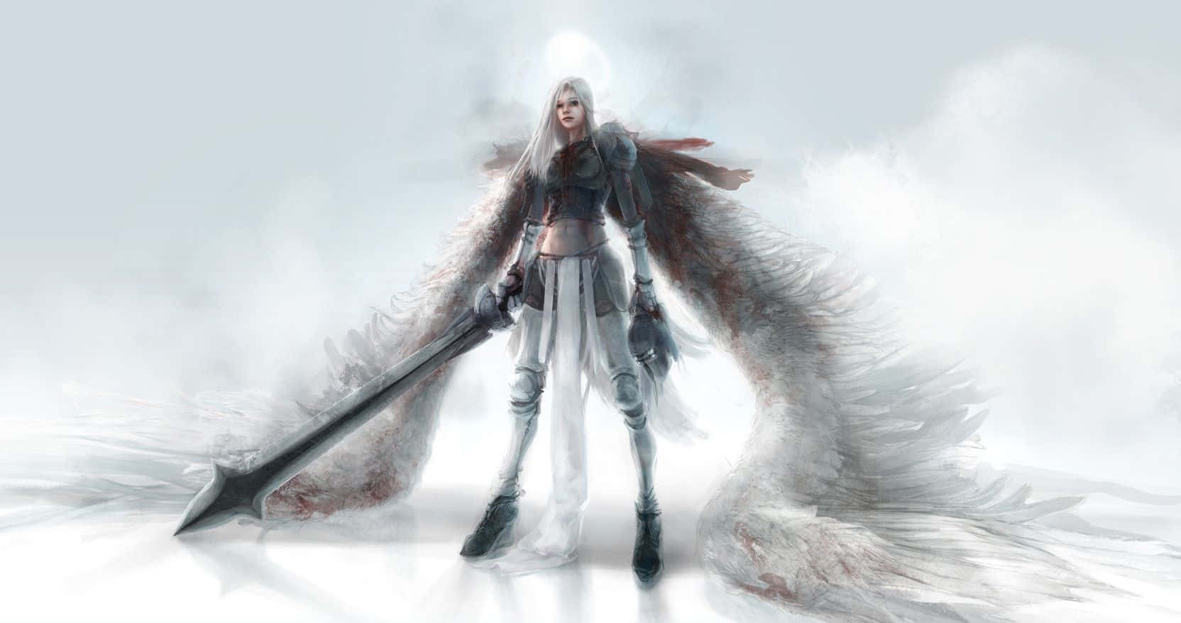 A digital painting of a female warrior angel with large white wings, standing against a snowy backdrop, holding a large sword