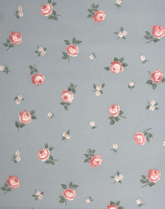 Wallpaper Small Pink Roses On Blue Vintage