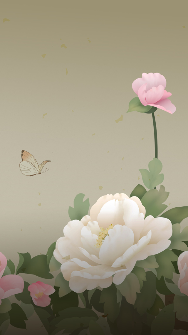 Peony Flowers Butterfly Drawn iPhone Wallpaper