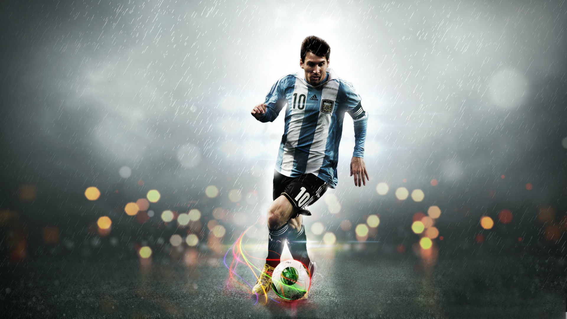 Lionel Messi dribbling a soccer ball in the rain during a night match