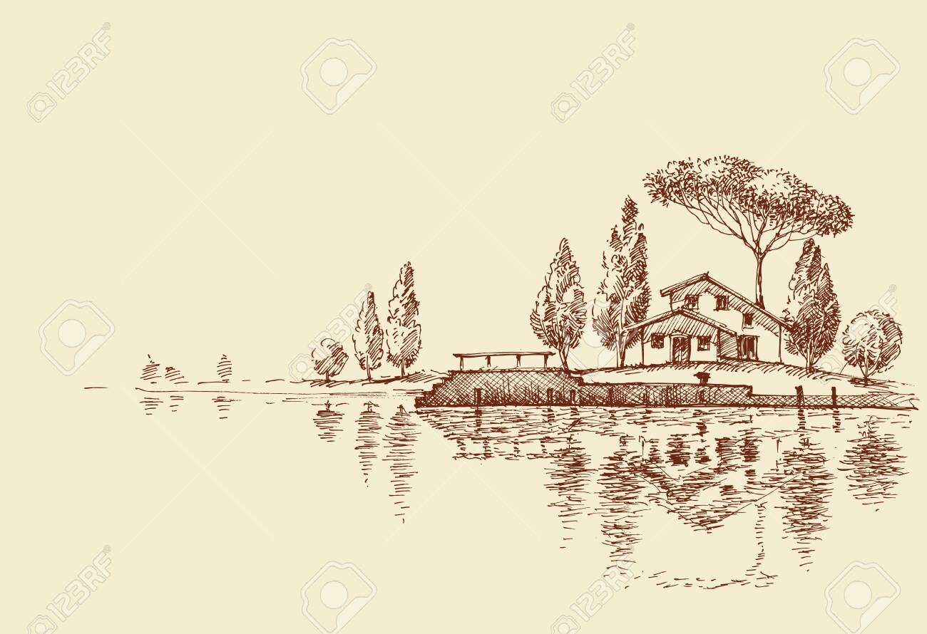 A House By The Lake Simple Architecture Design Sketch Wallpaper