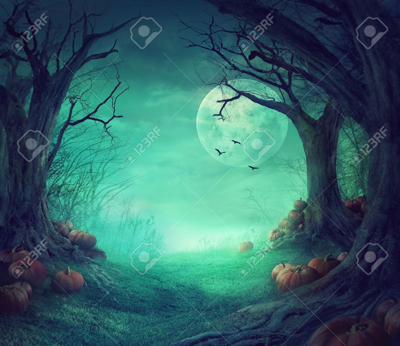 Halloween Background Spooky Forest With Dead Trees And Pumpkins