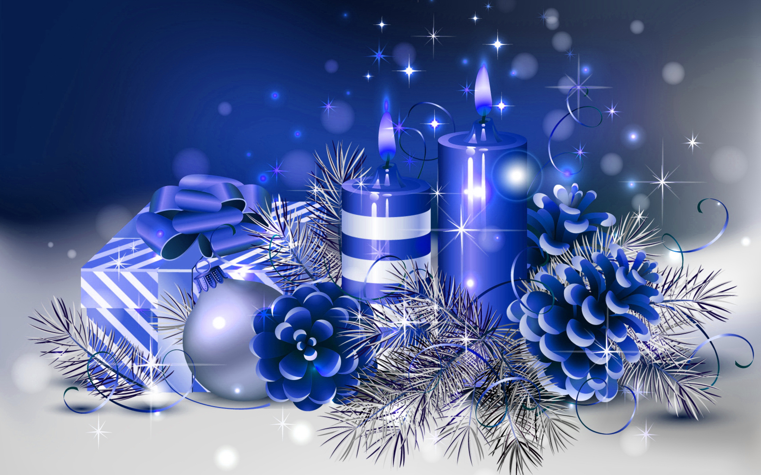 A festive display of blue Christmas decorations, including candles, pine cones, a gift, and an ornament, set against a sparkling blue backdrop