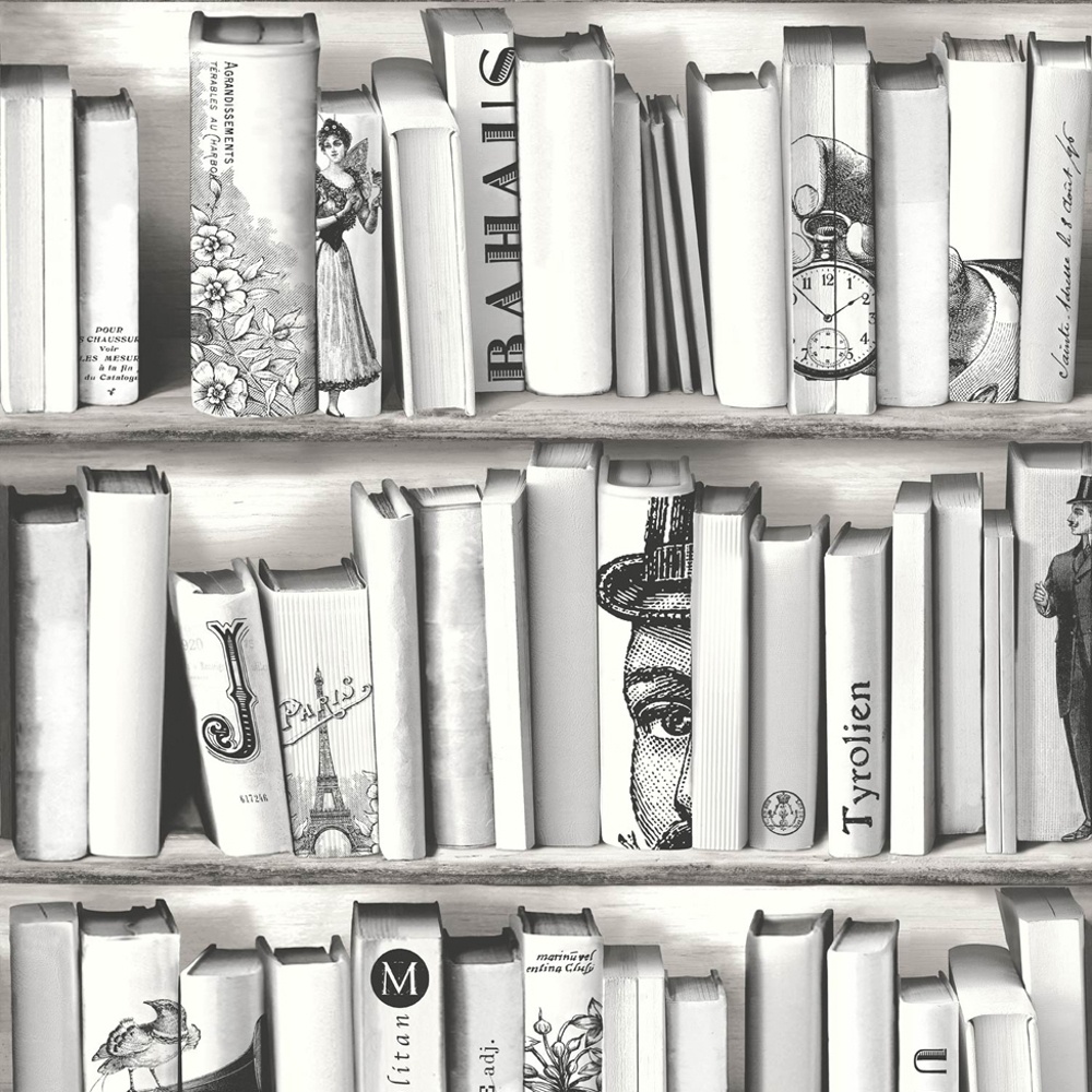 Muriva Book Shelf Case Pattern Library Vintage Motif White Wallpaper