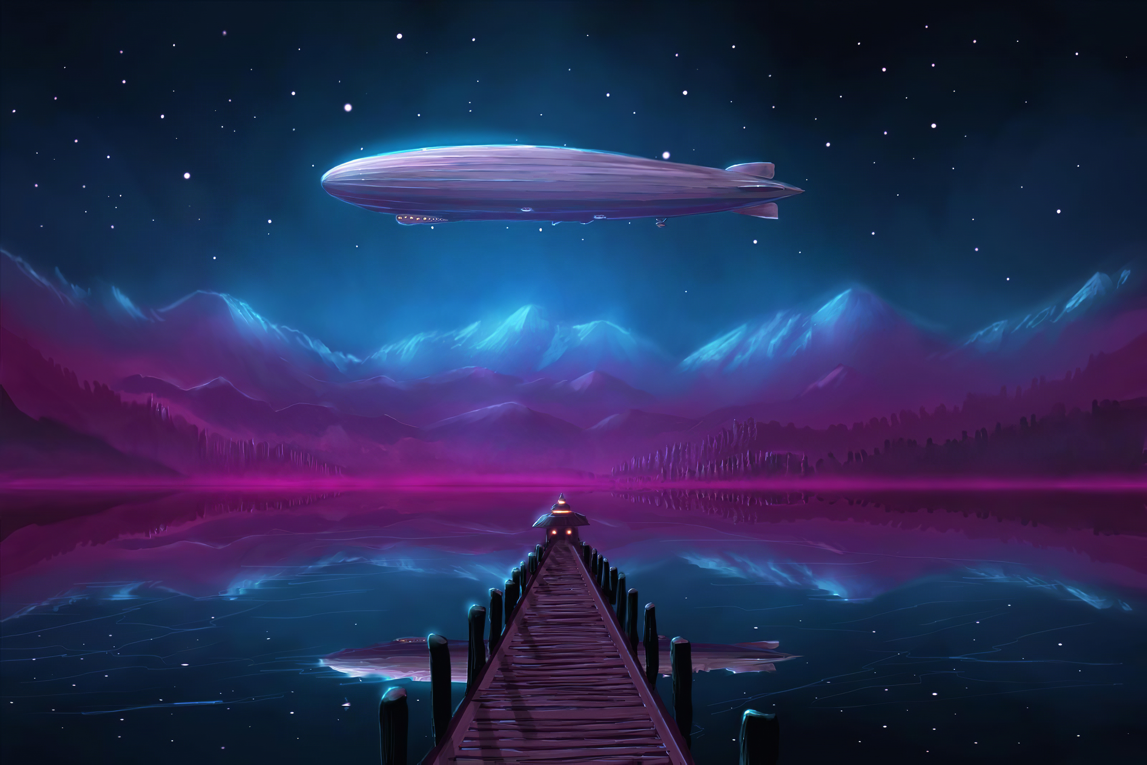 Zeppelin Over Lake Pier At Night By Shootingstarlogbook
