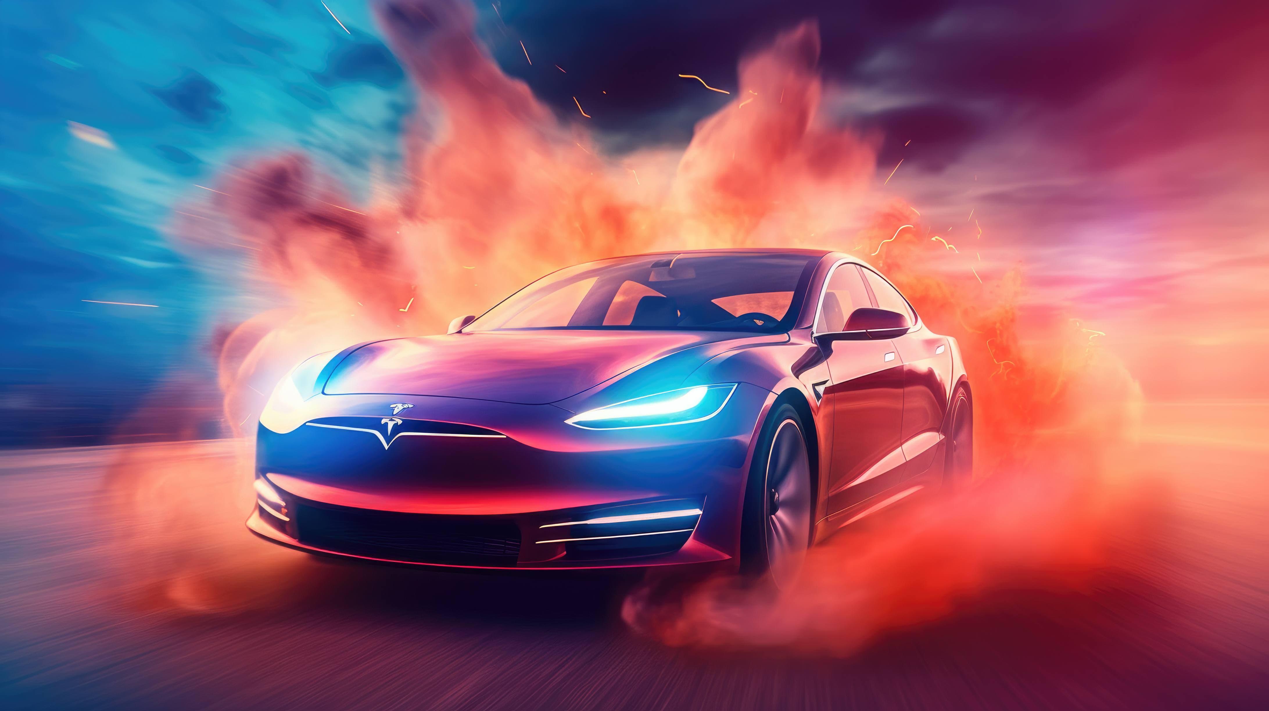 A 4k Ultra HD Wallpaper Of Red Tesla Model S Flying Through The Air