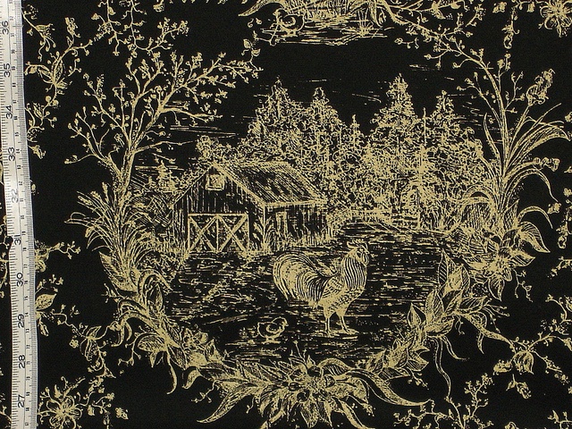 Rooster toile fabric reverse black by Brick House Fabrics via Flickr