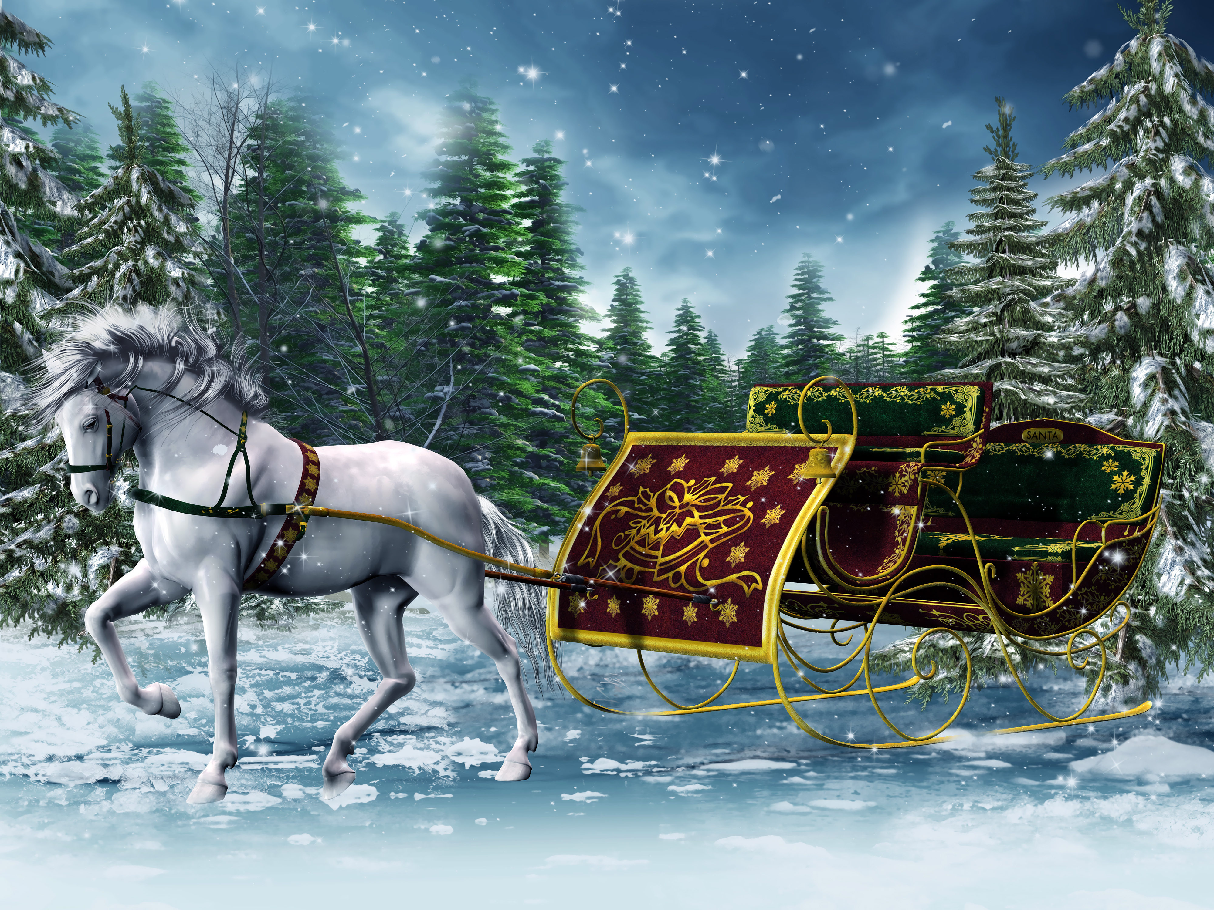 Sleigh 3d Horse Winter Graphics Wallpaper