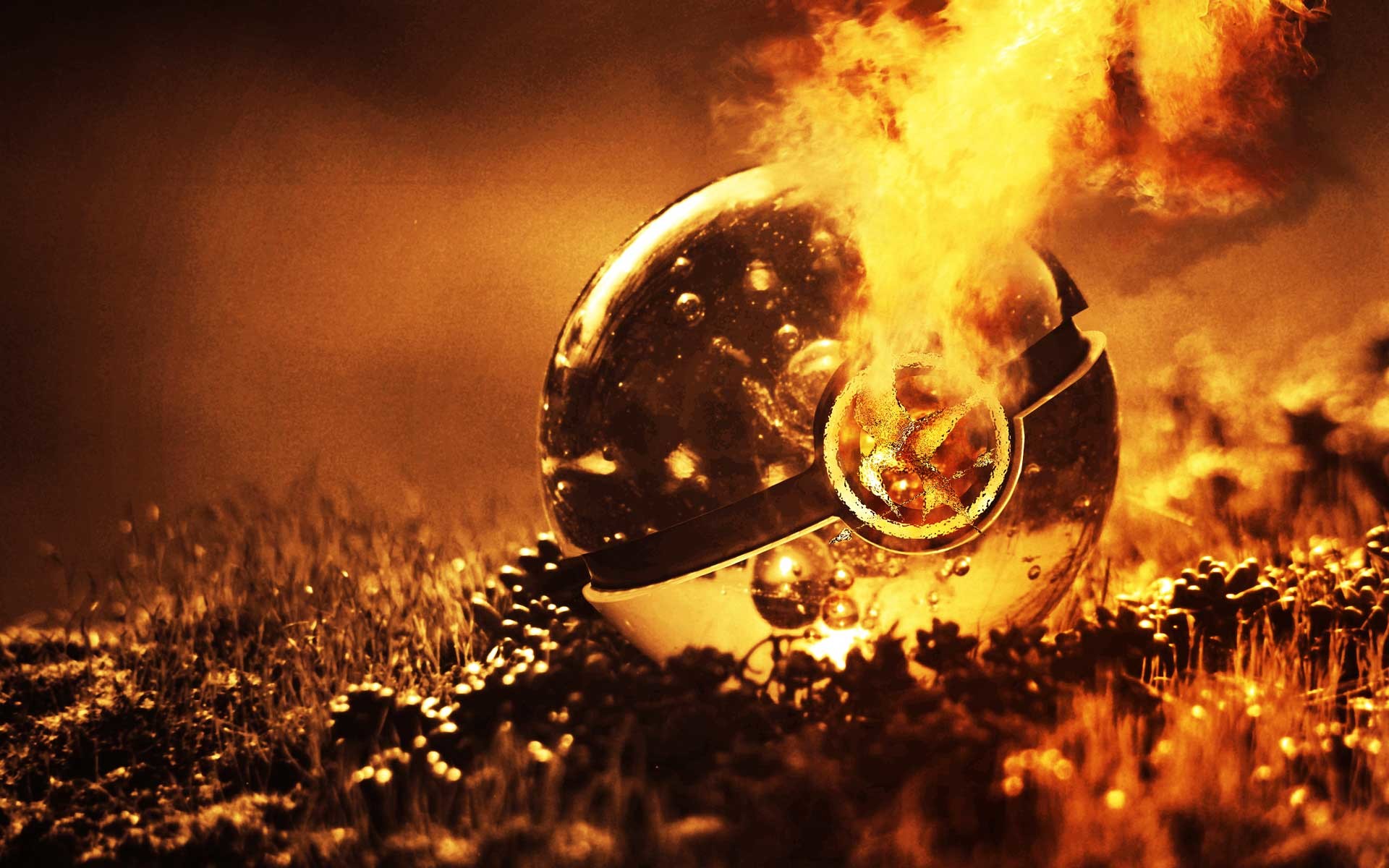 A fiery, glass-like Poké Ball with the symbol of the Mockingjay from The Hunger Games emblazoned on it, nestled in smoldering embers