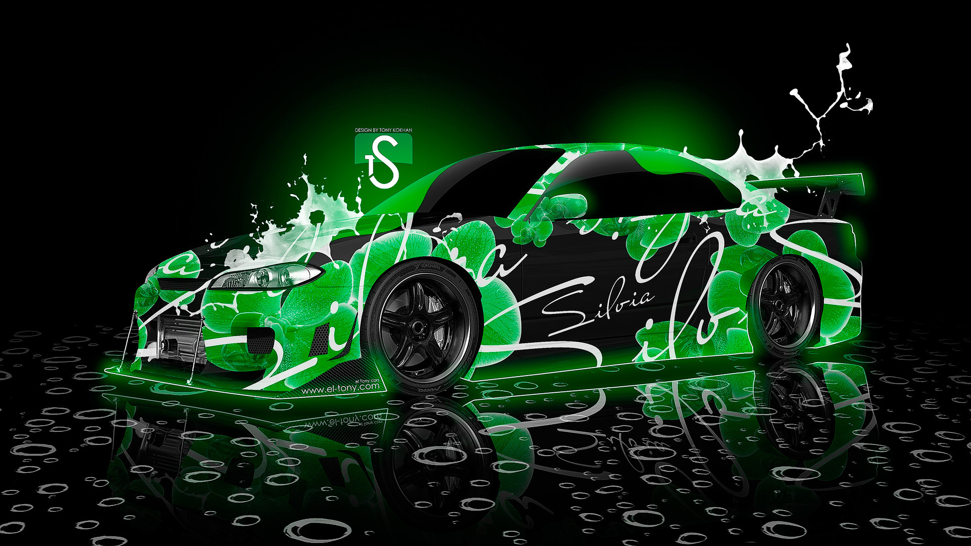 A modified Nissan Silvia sports car with a green and black design, reflecting in a dark, wet surface