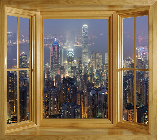 Self Adhesive Wall Mural Illiusion Window Scene Overlooking Hong Kong