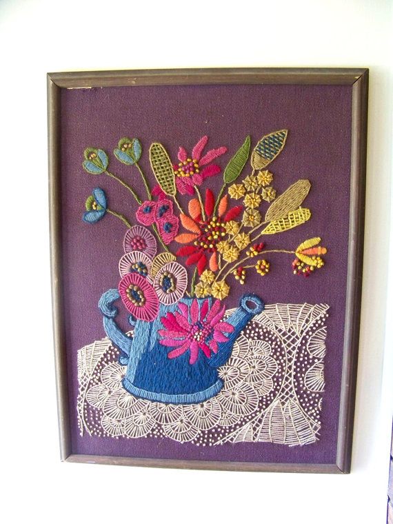 Vintage Crewel Embroidery Purple Background Large