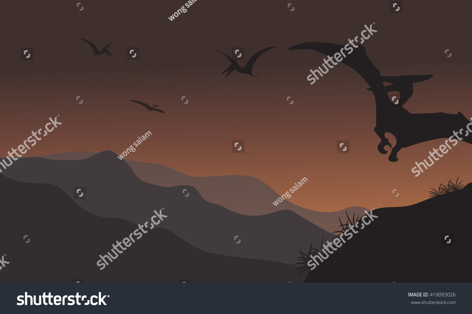 Silhouette Pterodactyl Fly Night Brown Background Stock Vector