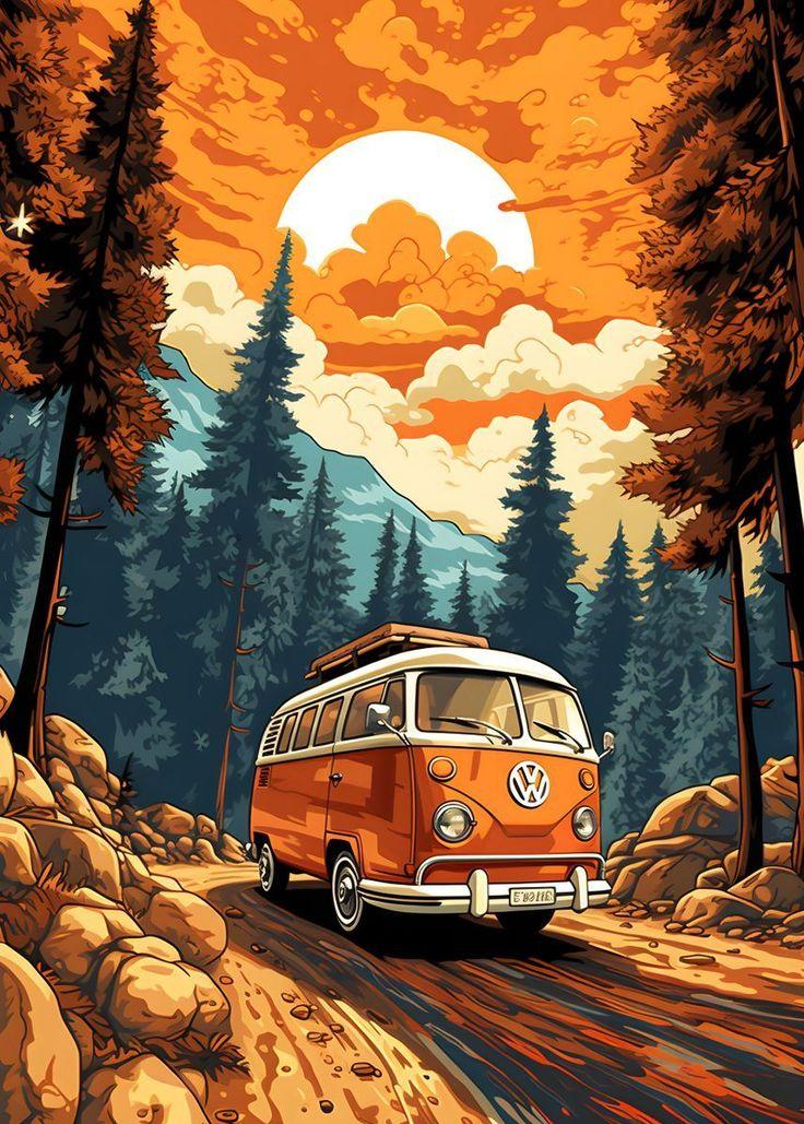 Retro Vw Bus Mountain Ride Poster Picture Metal Print Paint By