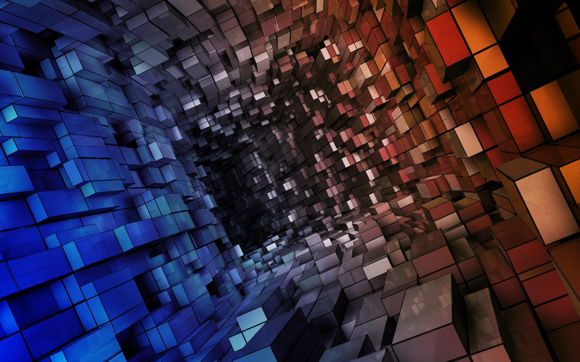 3D abstract wallpaper with colorful blocks creating a tunnel effect, ideal for desktop backgrounds