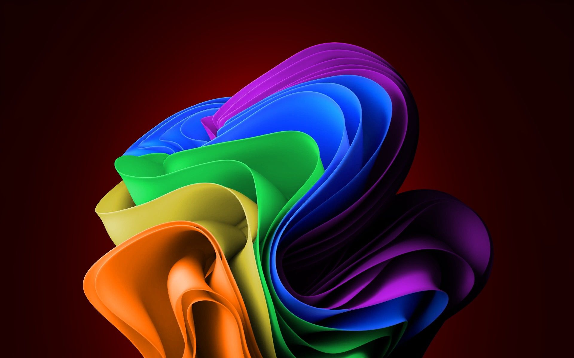 Abstract and colorful design resembling the Windows 11 Bloom wallpaper on a dark red background