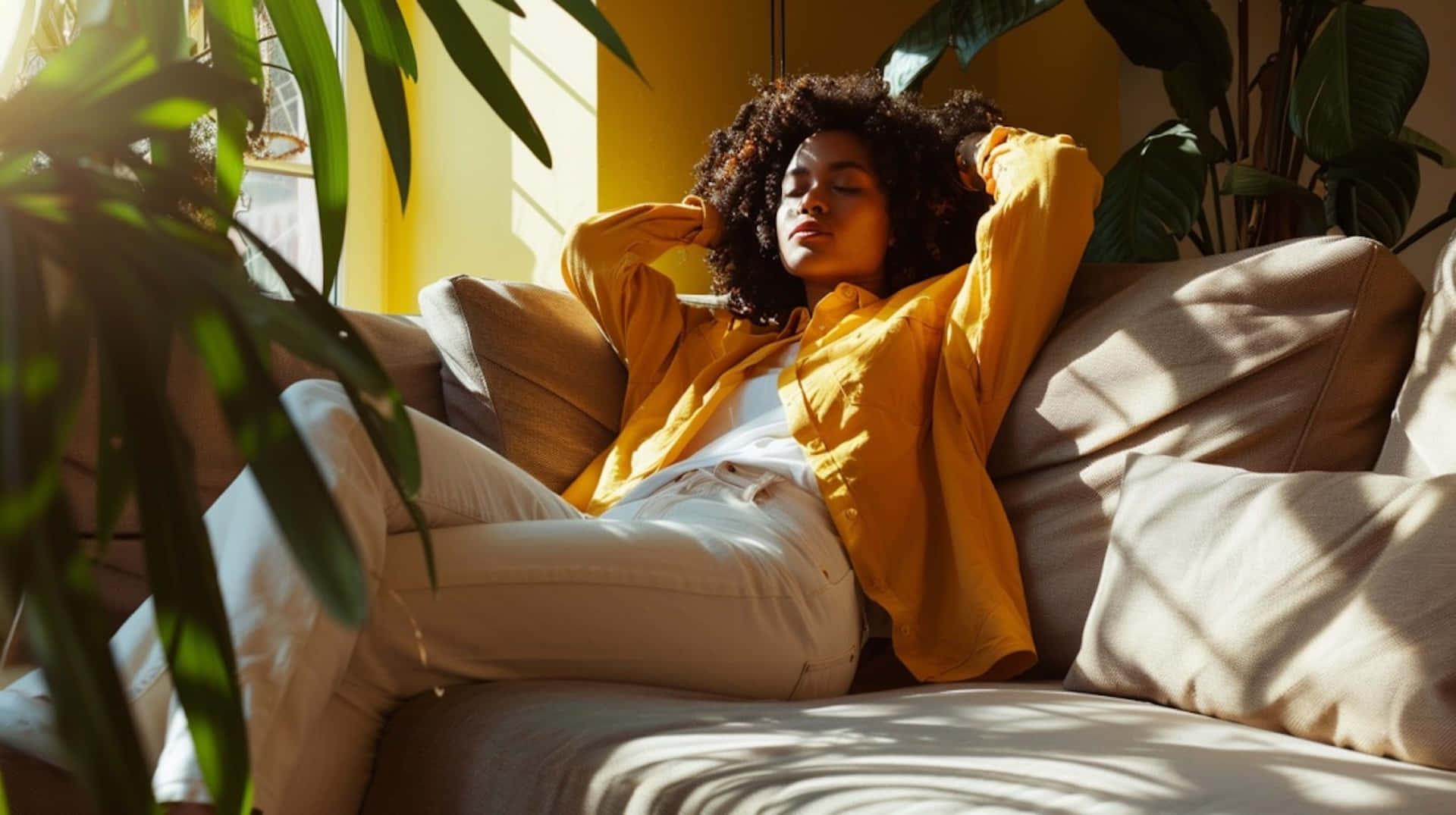 Relaxed Woman Sunlit Couch Wallpaper
