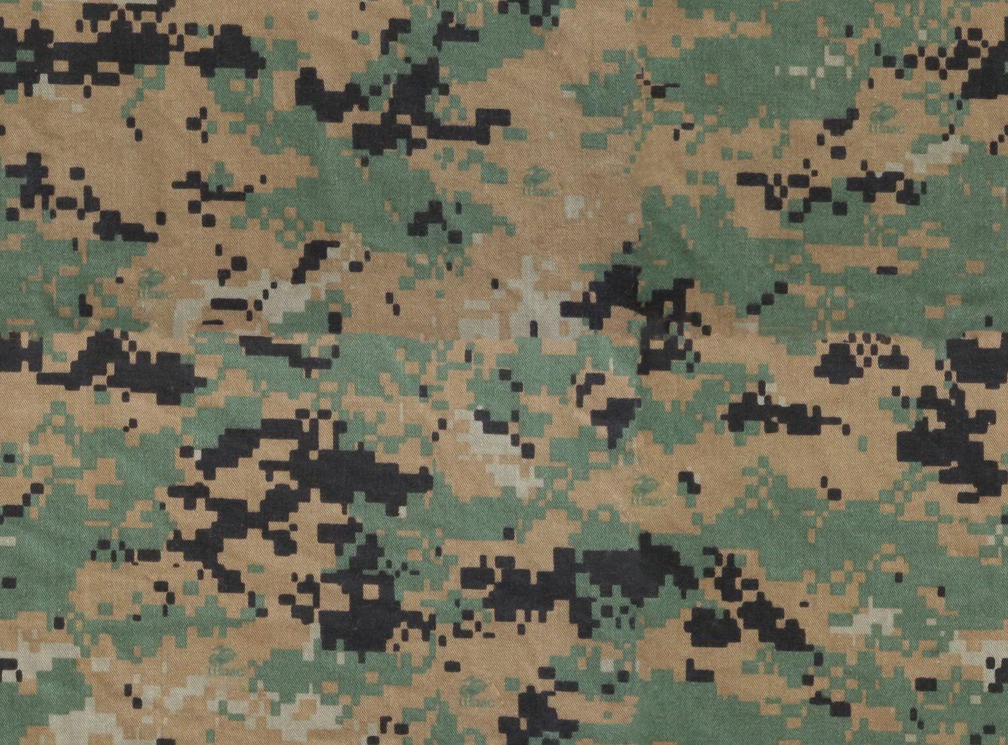 Close-up of MARPAT digital camouflage fabric, showcasing its pixelated pattern in tan, green, and black