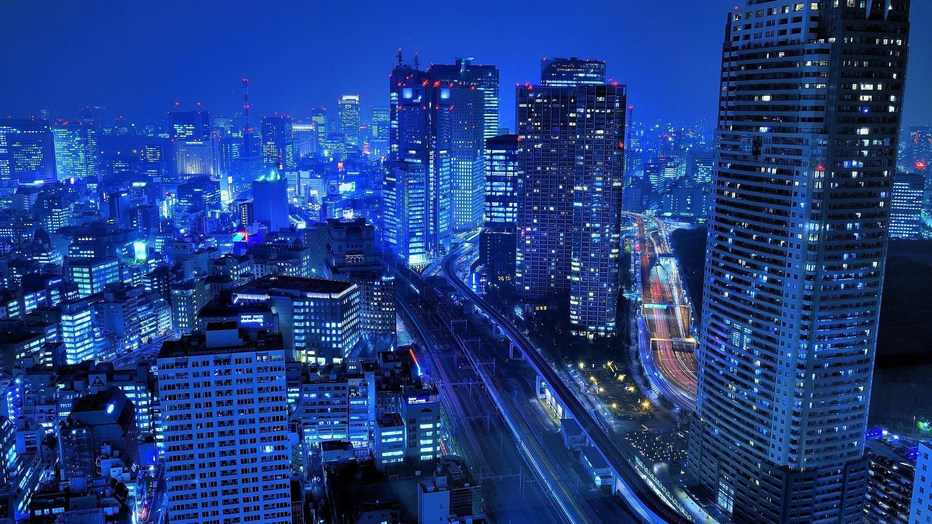 Light Japan Blue Tokyo Cityscapes Night Buildings Roads Wallpaper