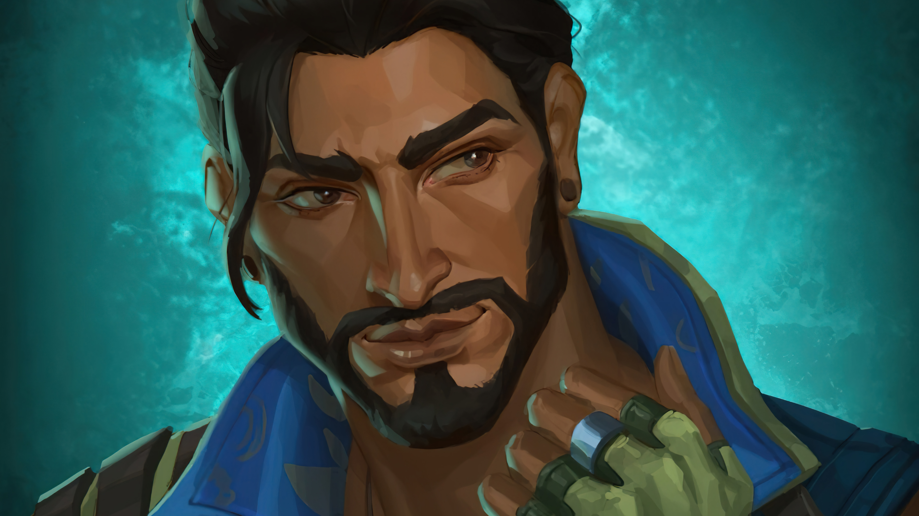 A fan art portrait of a man with dark hair, beard, and brown skin against a teal background. He wears a blue jacket and fingerless gloves