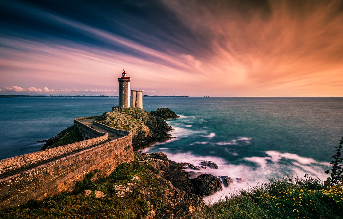 Wallpaper sea sunset coast France lighthouse France Brittany
