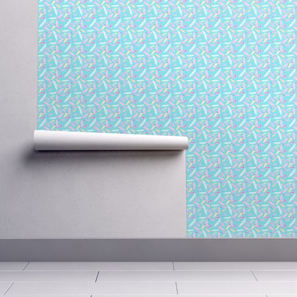 Neon Feathers Turquoise Wallpaper Dreamoutloudart Spoonflower
