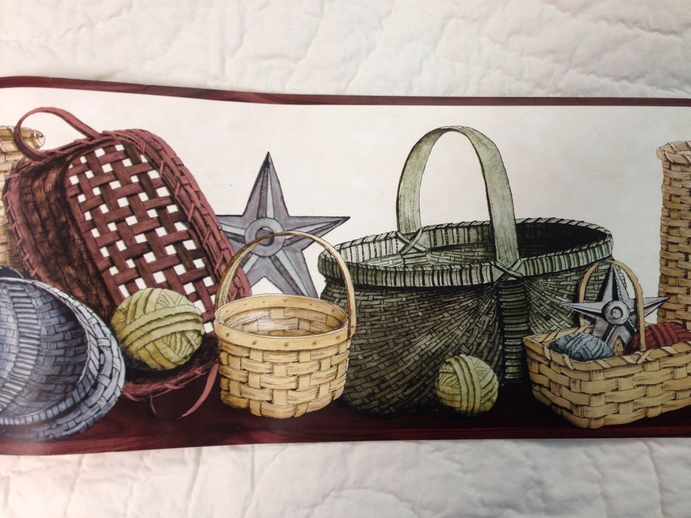 Primitive Country Baskets Stars and Rag Balls Wallpaper Border eBay 1000x750