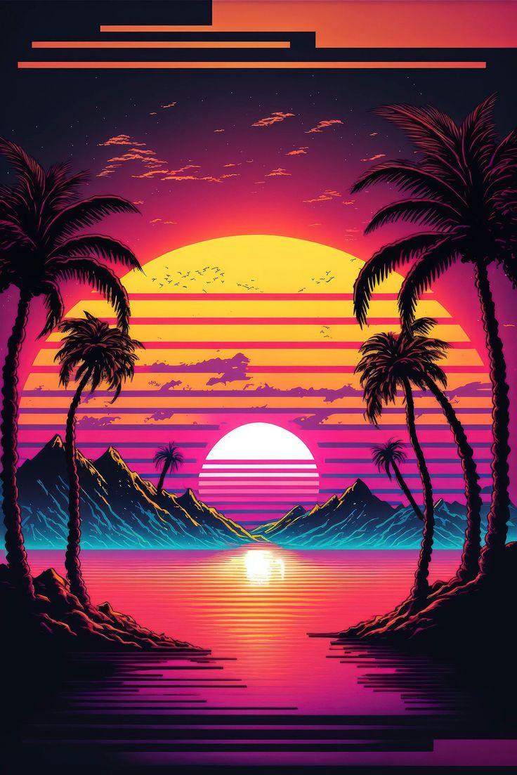 West Coast Synthwave 1980s Retro Style Neon Sunset In