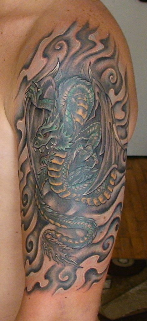 Dragon Tattoo With Unusual Background On Shoulder Tattoos
