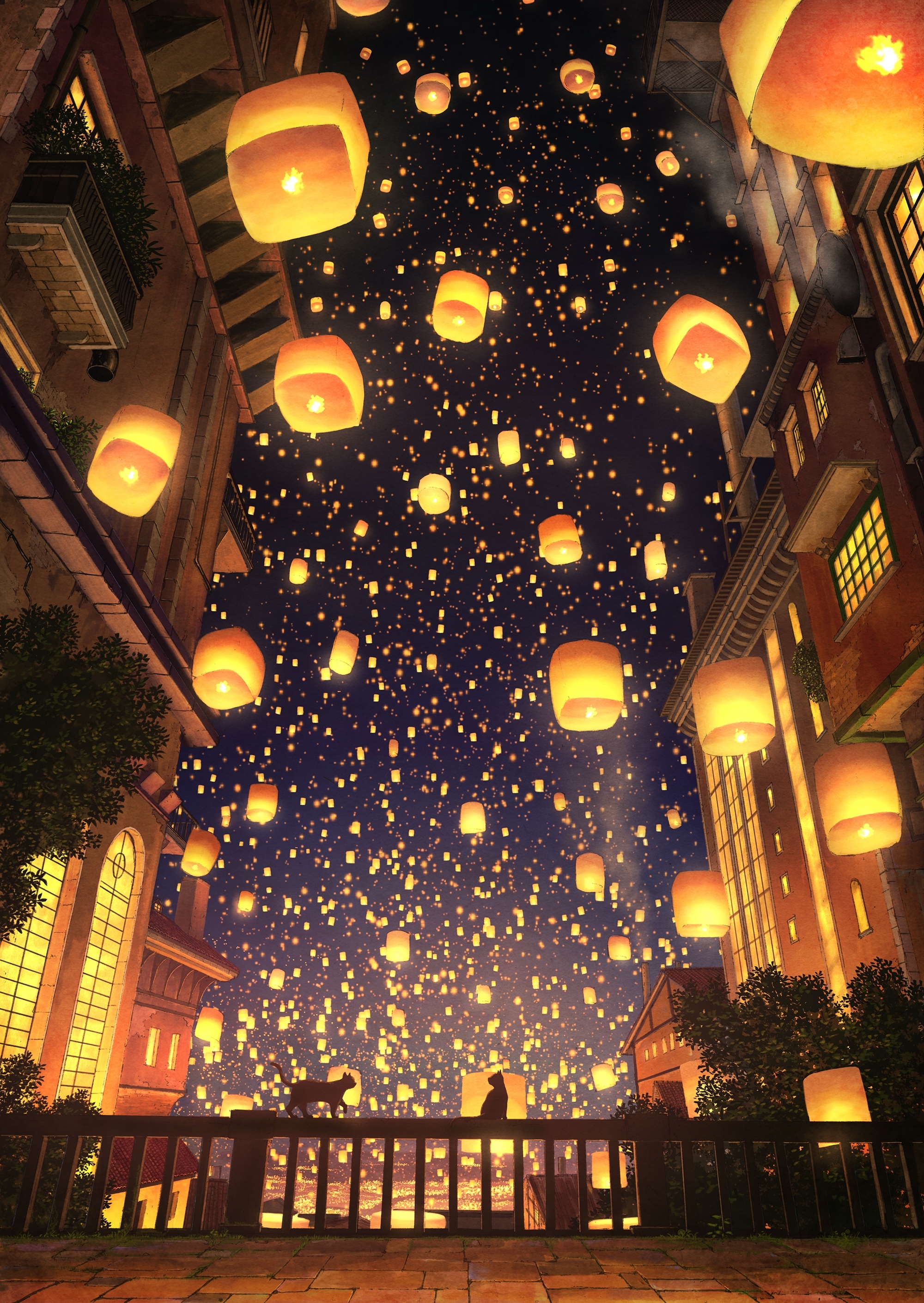 Wallpaper Anime Festival Scenic Mood Lanterns Cats Night