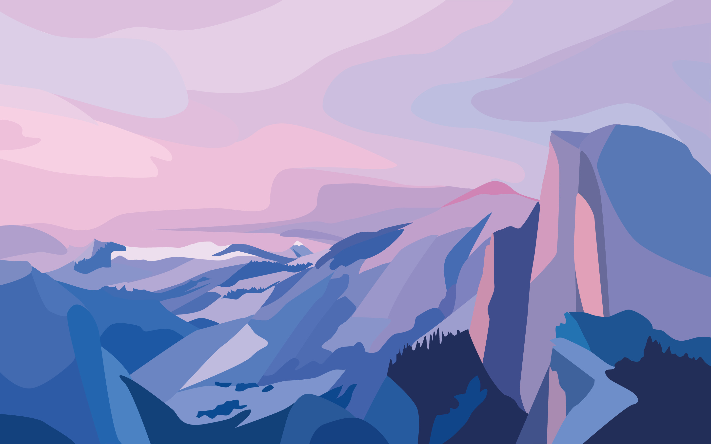 Minimalist vector landscape illustration of Yosemite National Park at sunset, featuring simplified shapes and a pastel color palette