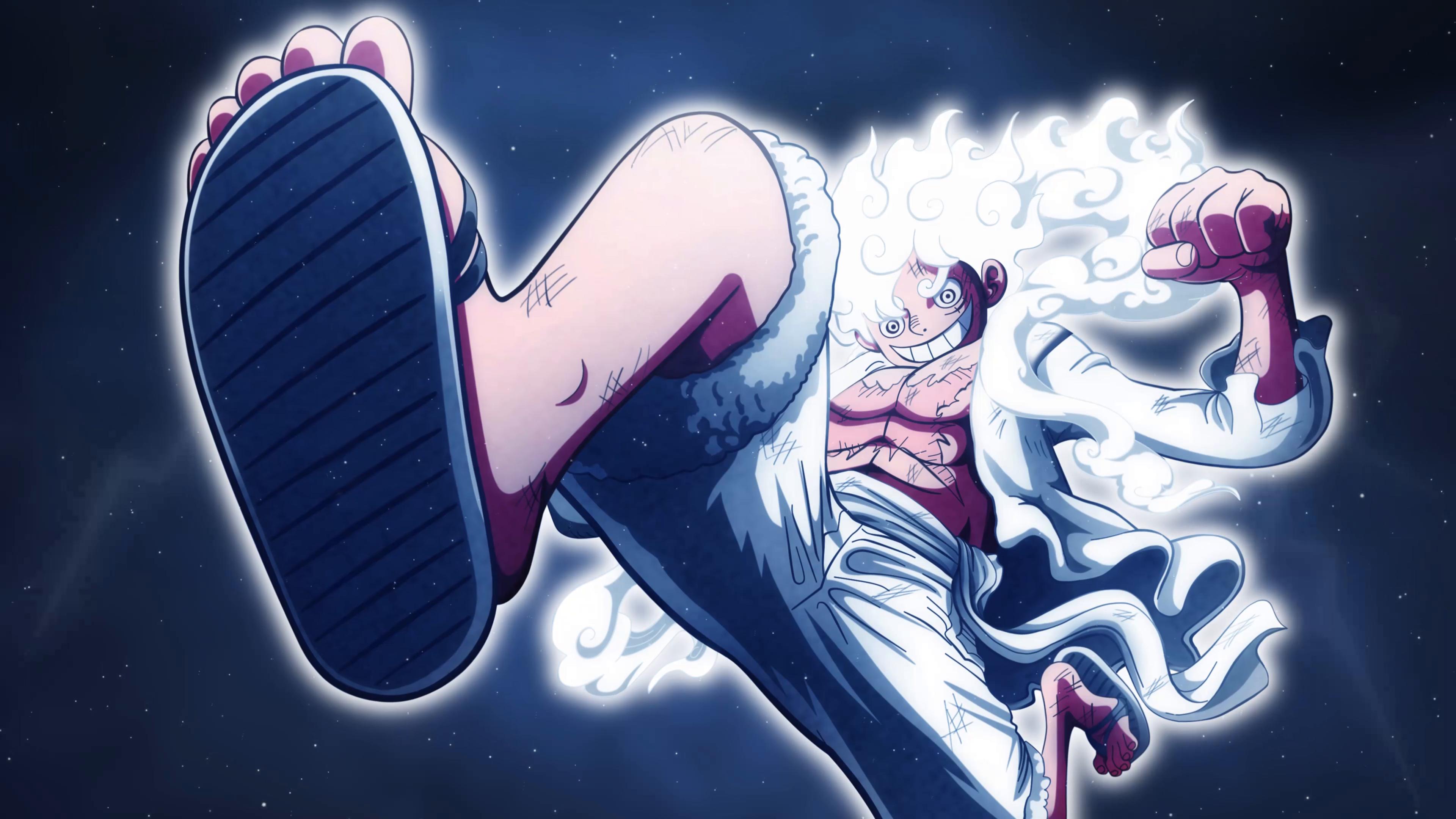 An anime character in a dynamic fighting pose against a cosmic backdrop. The character is kicking forward, with the bottom of their sandal prominent in the foreground. They wear a white outfit with flowing sleeves and have a wild, light-colored hairstyle