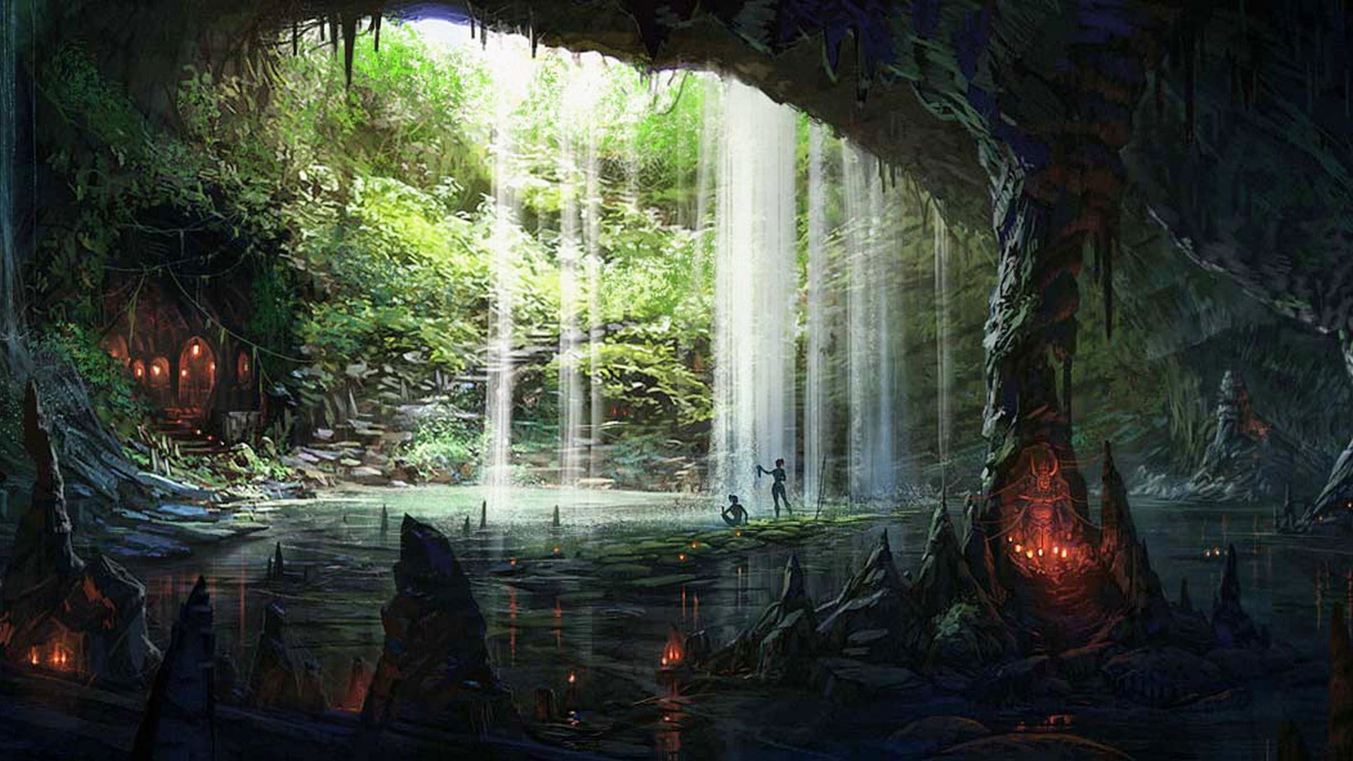 A mystical cave illuminated by a waterfall and glowing lanterns, with two figures exploring the serene waters