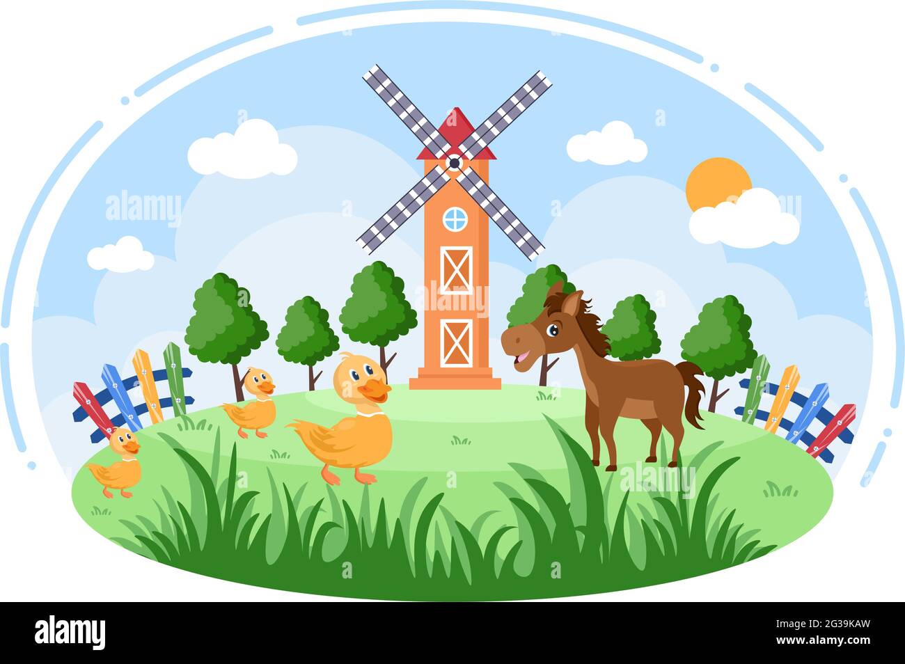 Cute Cartoon Farm Animals Vector Illustration With Cow Horse