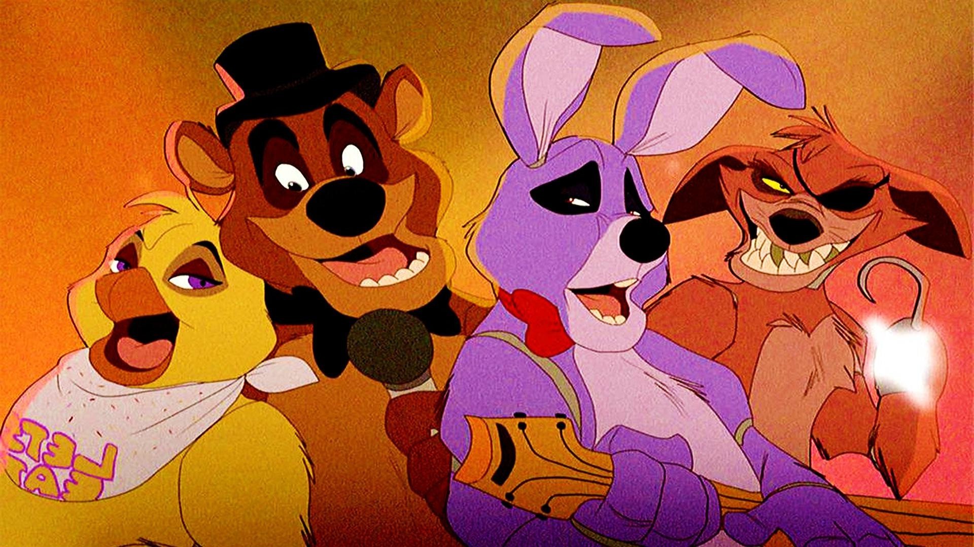 Fan art depiction of Freddy Fazbear, Bonnie the Bunny, Chica the Chicken, and Foxy the Pirate from the Five Nights at Freddy's (FNAF) franchise, performing on a stage