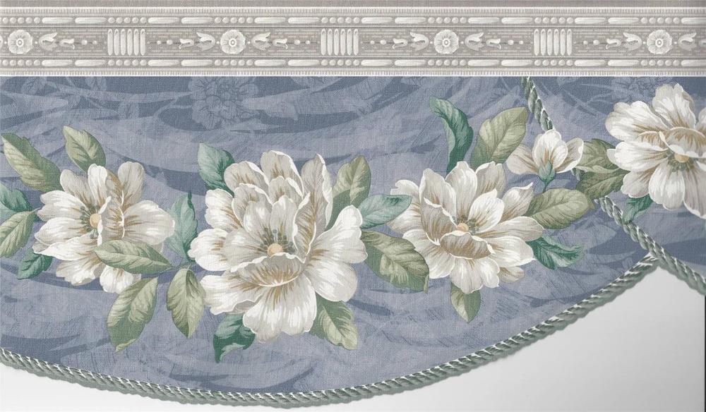 Wallpaper Border Magnolia Floral Blue Swag with Die Cut Edge Gray