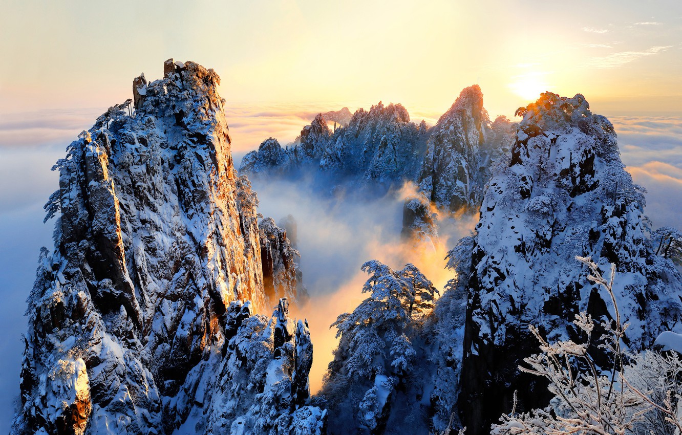 Wallpaper Winter The Sun Clouds Light Snow Trees Mountains