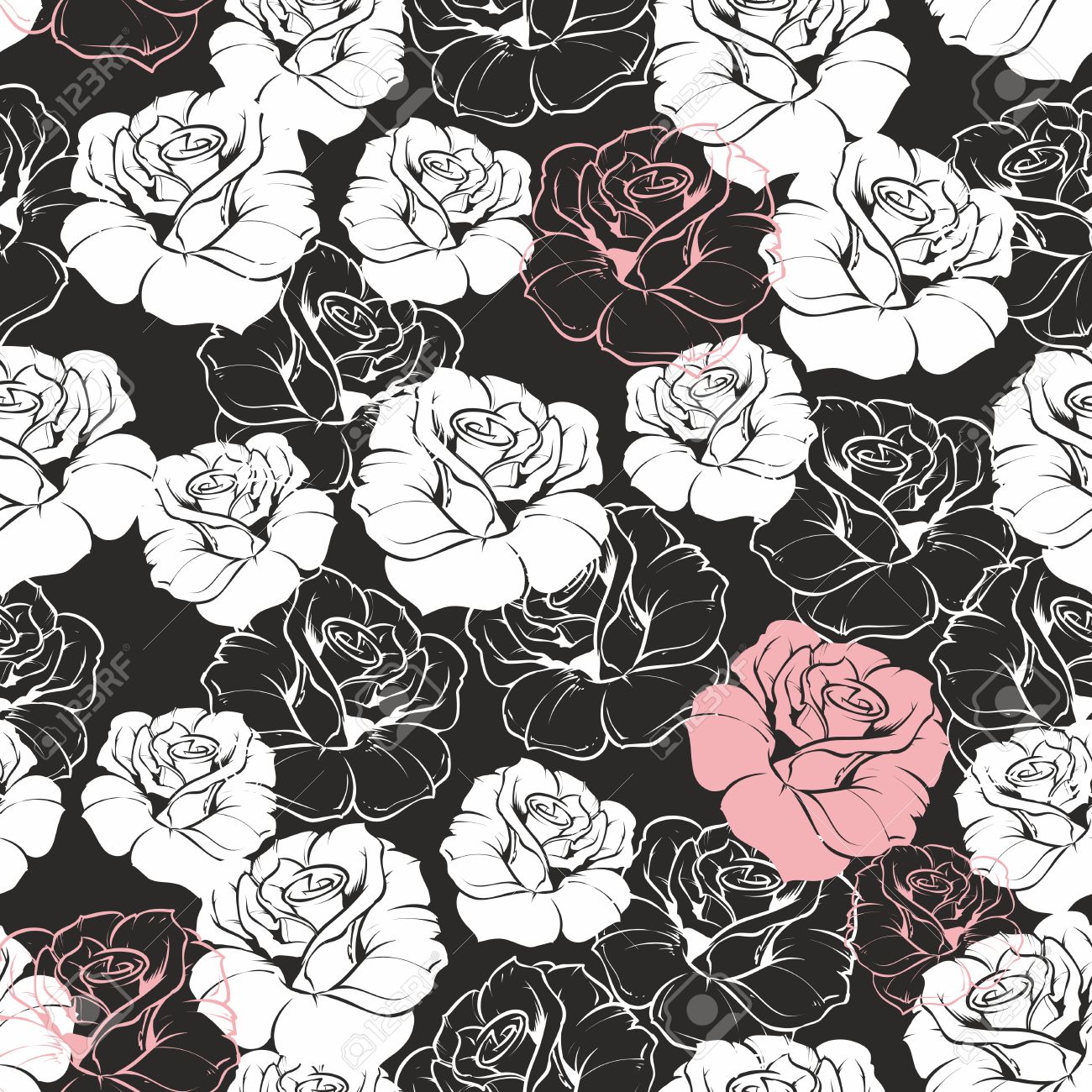Seamless Vector Dark Floral Pattern With Classic White And Pink