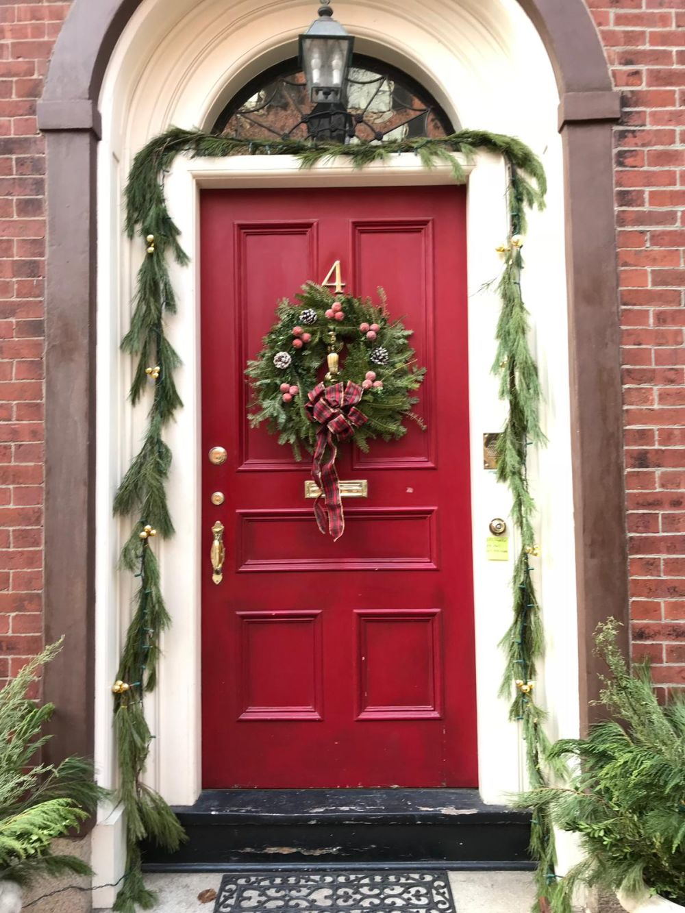 Red Front Door With Traditional Wallpaper