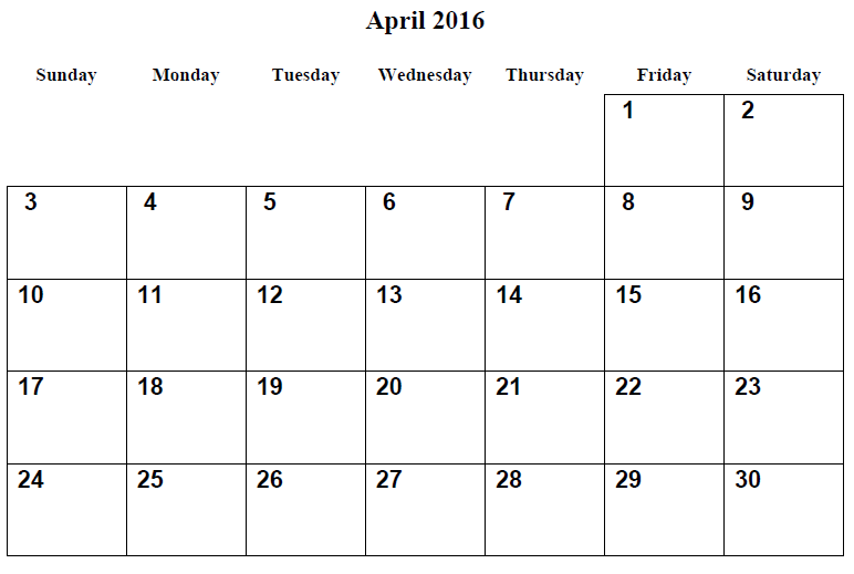 April 2016 Printable Calendarpng