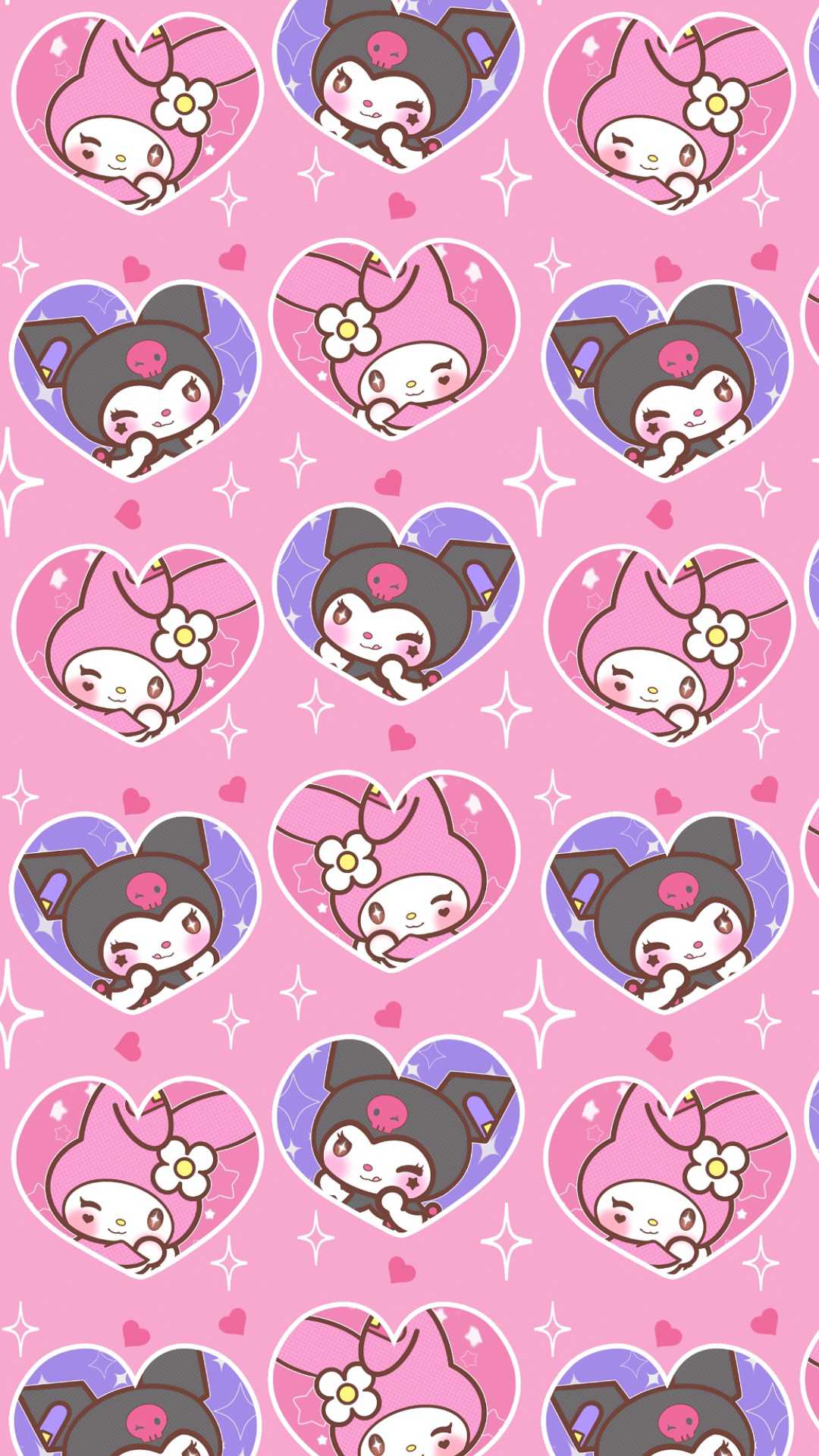 A seamless repeating pattern of Kuromi and My Melody inside heart shapes in a pink background. It's a sweet and playful image that Kuromi fans will love