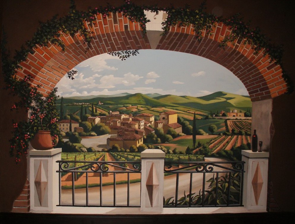Tuscan Vineyard Lanndscape Mural Plimented With Faux Finish